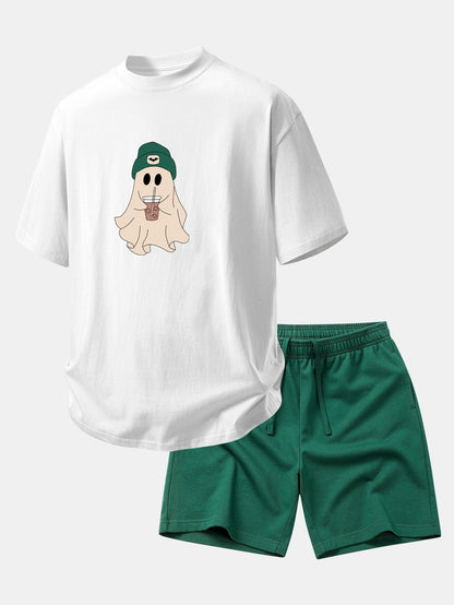 Relaxed Fit Dark Green Ghost Print Cotton T-Shirt & 7" Cotton Drawstring Shorts
