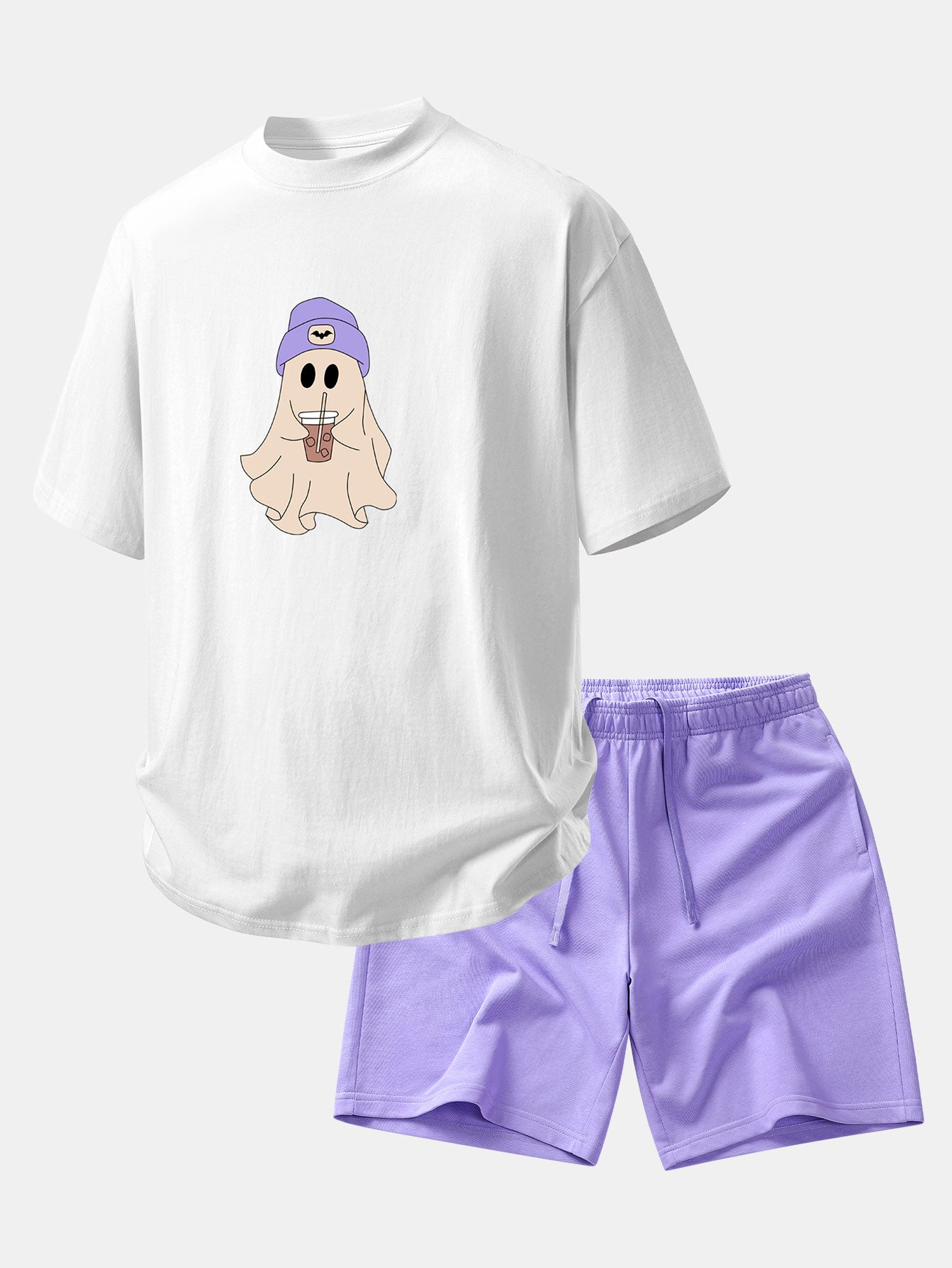 Relaxed Fit Purple Ghost Print Cotton T-Shirt & 7" Cotton Drawstring Shorts