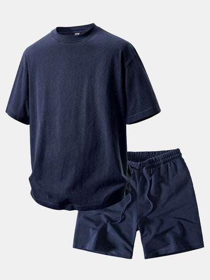 Relaxed Fit Heavyweight Washed Drop Shoulder Tee & Distressed Drawstring Shorts