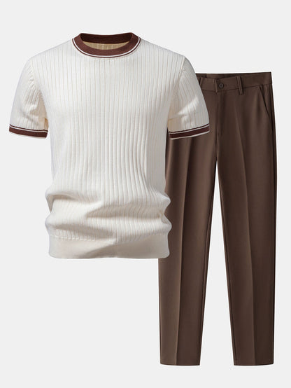 Contrast Trim Crew Neck Knit Tee & Slim Fit Tapered Pants