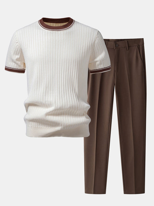 Contrast Trim Crew Neck Knit Tee & Slim Fit Tapered Pants