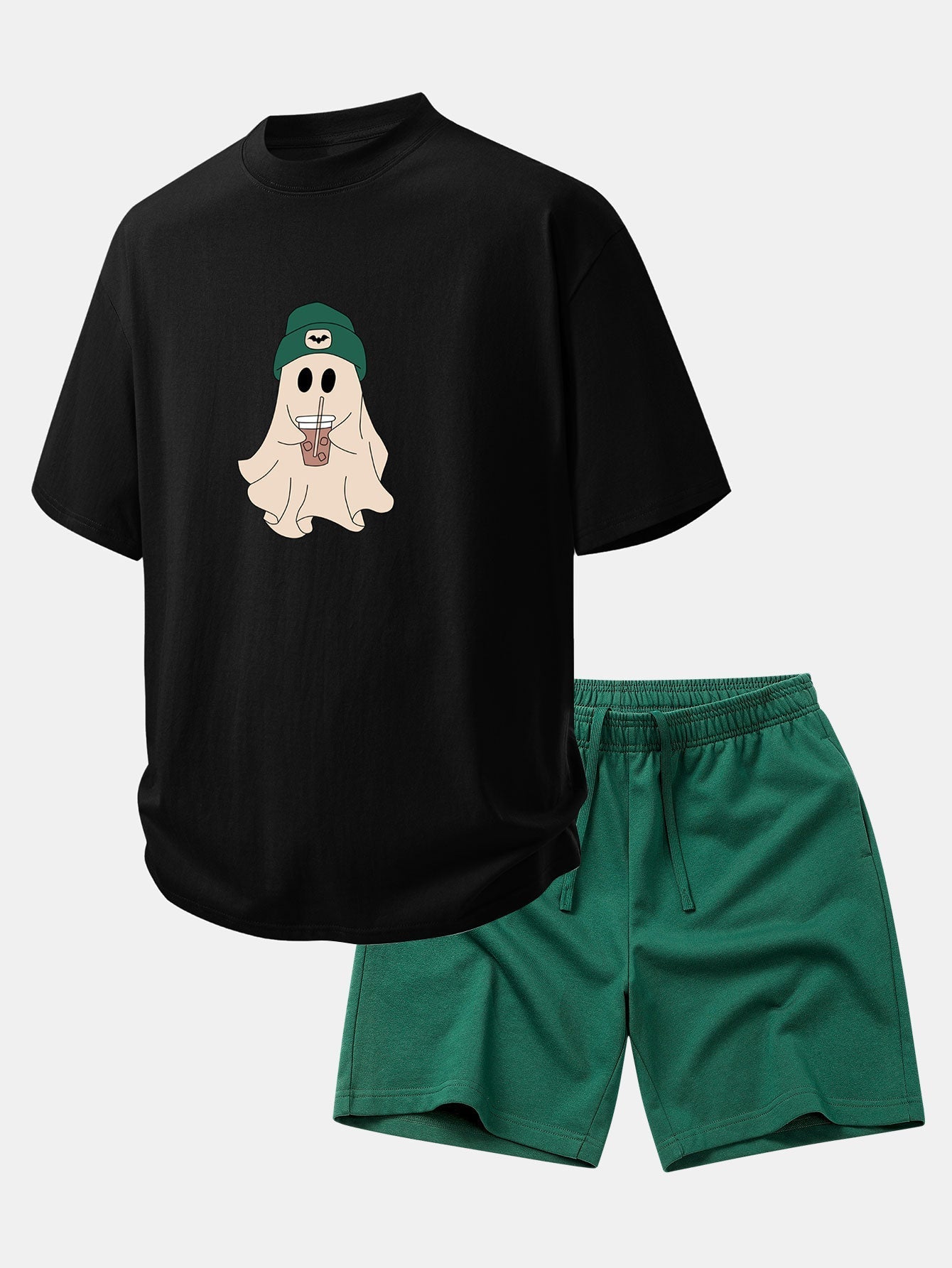 Relaxed Fit Dark Green Ghost Print Cotton T-Shirt & 7" Cotton Drawstring Shorts