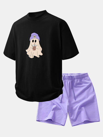 Relaxed Fit Purple Ghost Print Cotton T-Shirt & 7" Cotton Drawstring Shorts