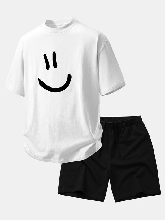 Comfortable Smiley Face Cotton T-Shirt & 7" Cotton Drawstring Shorts Set