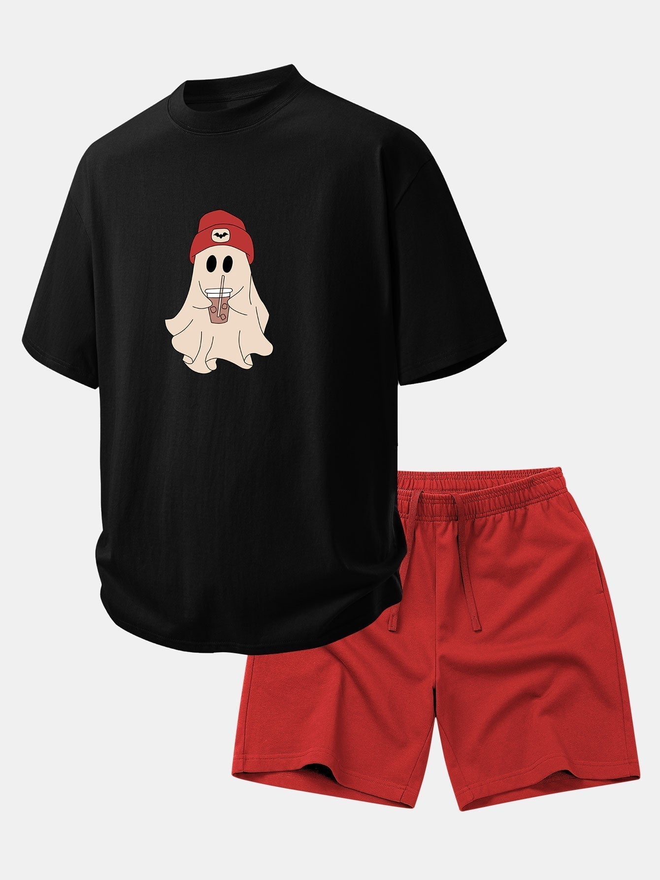 Relaxed Fit Red Ghost Print Cotton T-Shirt with 7" Cotton Drawstring Shorts