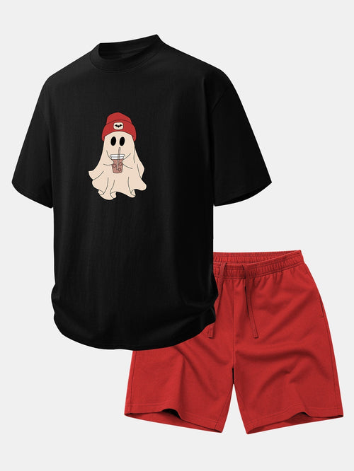 Relaxed Fit Red Ghost Print Cotton T-Shirt with 7" Cotton Drawstring Shorts