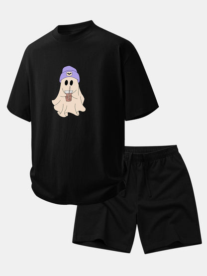 Relaxed Fit Purple Ghost Print Cotton T-Shirt & 7" Cotton Drawstring Shorts