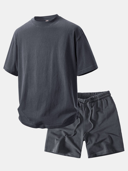Relaxed Fit Heavyweight Washed Drop Shoulder Tee & Distressed Drawstring Shorts