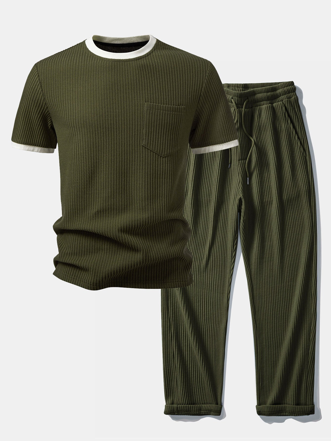 Two-Piece Contrast Waffle Set: T-Shirt with Pocket & Drawstring Knitted Pants