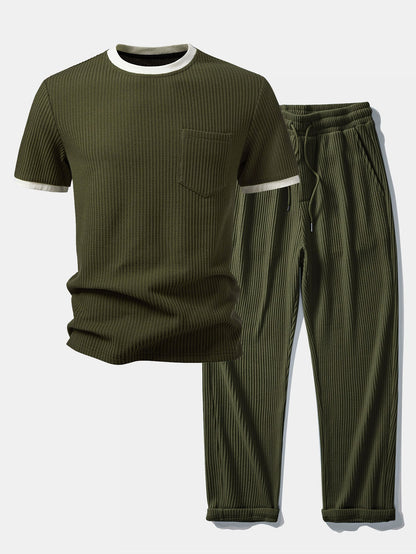 Two-Piece Contrast Waffle Set: T-Shirt with Pocket & Drawstring Knitted Pants