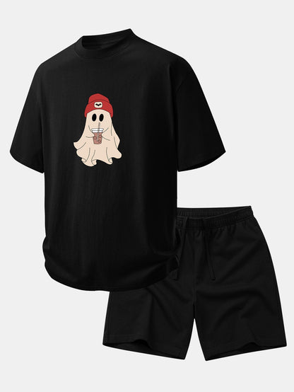 Relaxed Fit Red Ghost Print Cotton T-Shirt with 7" Cotton Drawstring Shorts