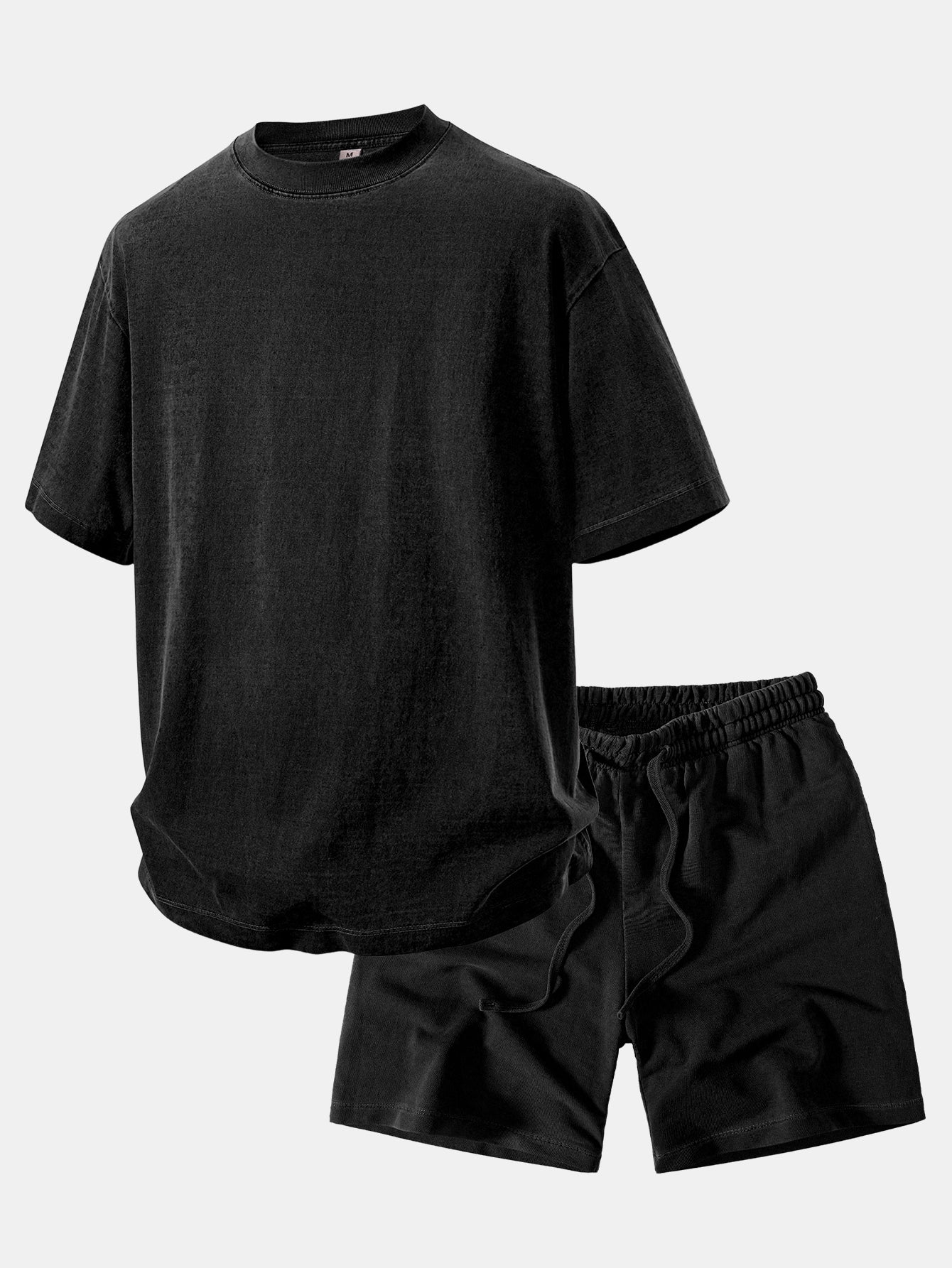 Relaxed Fit Heavyweight Washed Drop Shoulder Tee & Distressed Drawstring Shorts