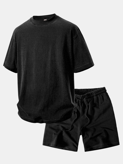 Relaxed Fit Heavyweight Washed Drop Shoulder Tee & Distressed Drawstring Shorts