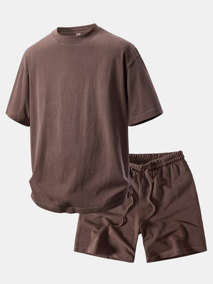 Relaxed Fit Heavyweight Washed Drop Shoulder Tee & Distressed Drawstring Shorts