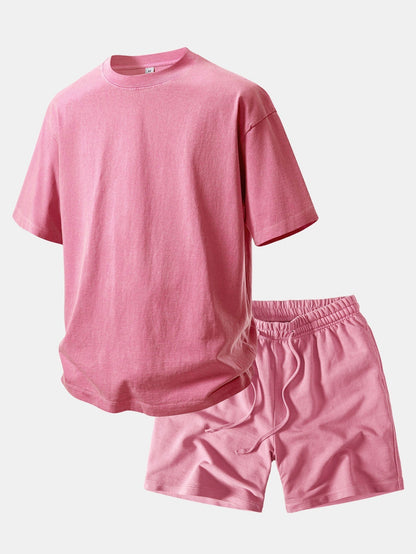 Relaxed Fit Heavyweight Washed Drop Shoulder Tee & Distressed Drawstring Shorts