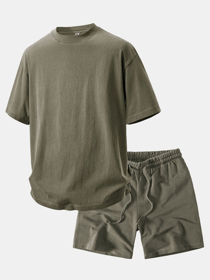 Relaxed Fit Heavyweight Washed Drop Shoulder Tee & Distressed Drawstring Shorts