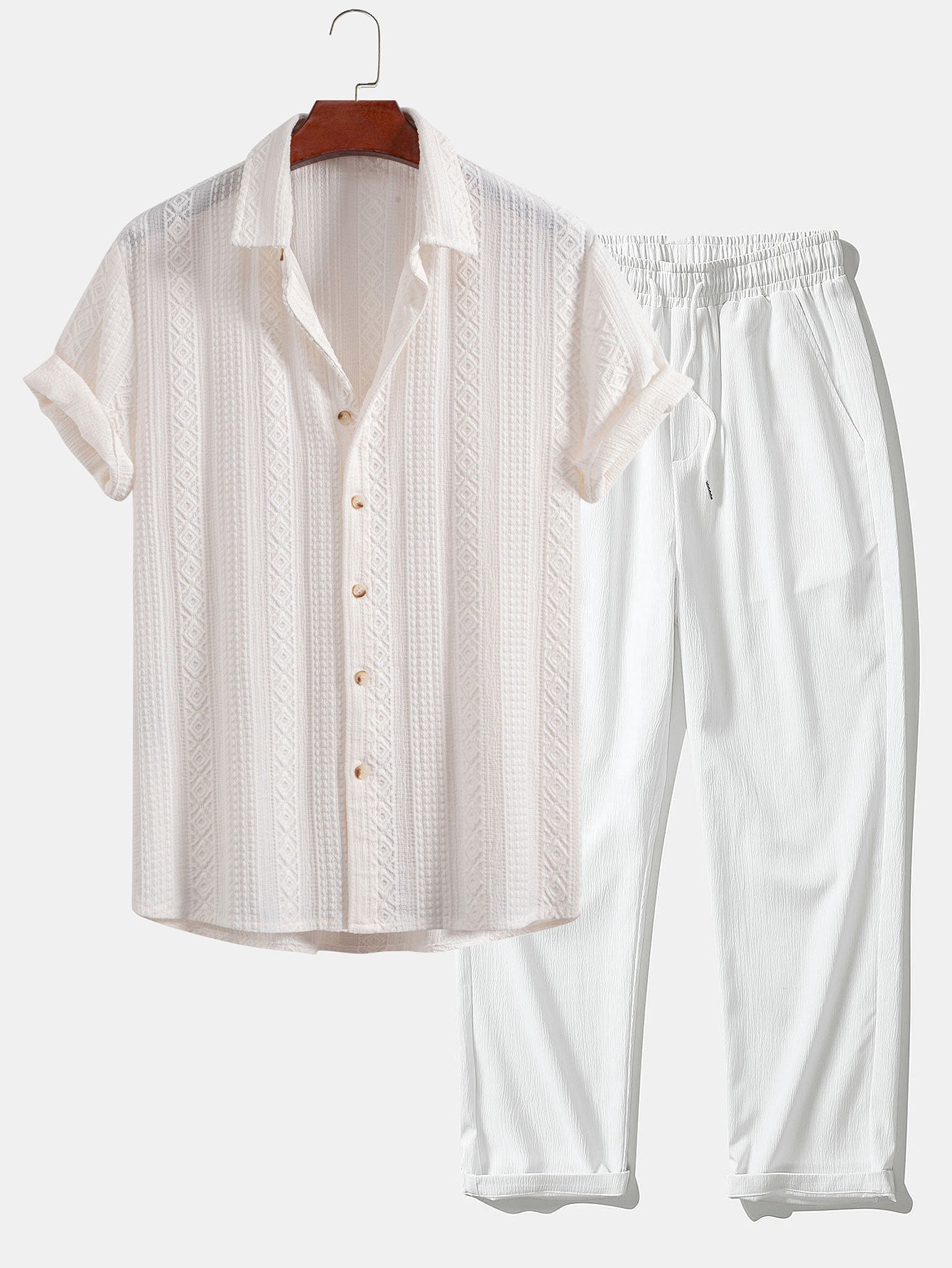 Geometric Jacquard Button-Up Shirt with Crinkle Textured Straight-Leg Pants