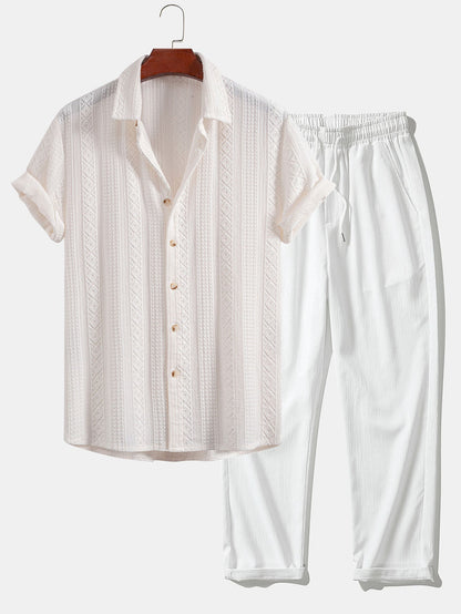 Geometric Jacquard Button-Up Shirt with Crinkle Textured Straight-Leg Pants