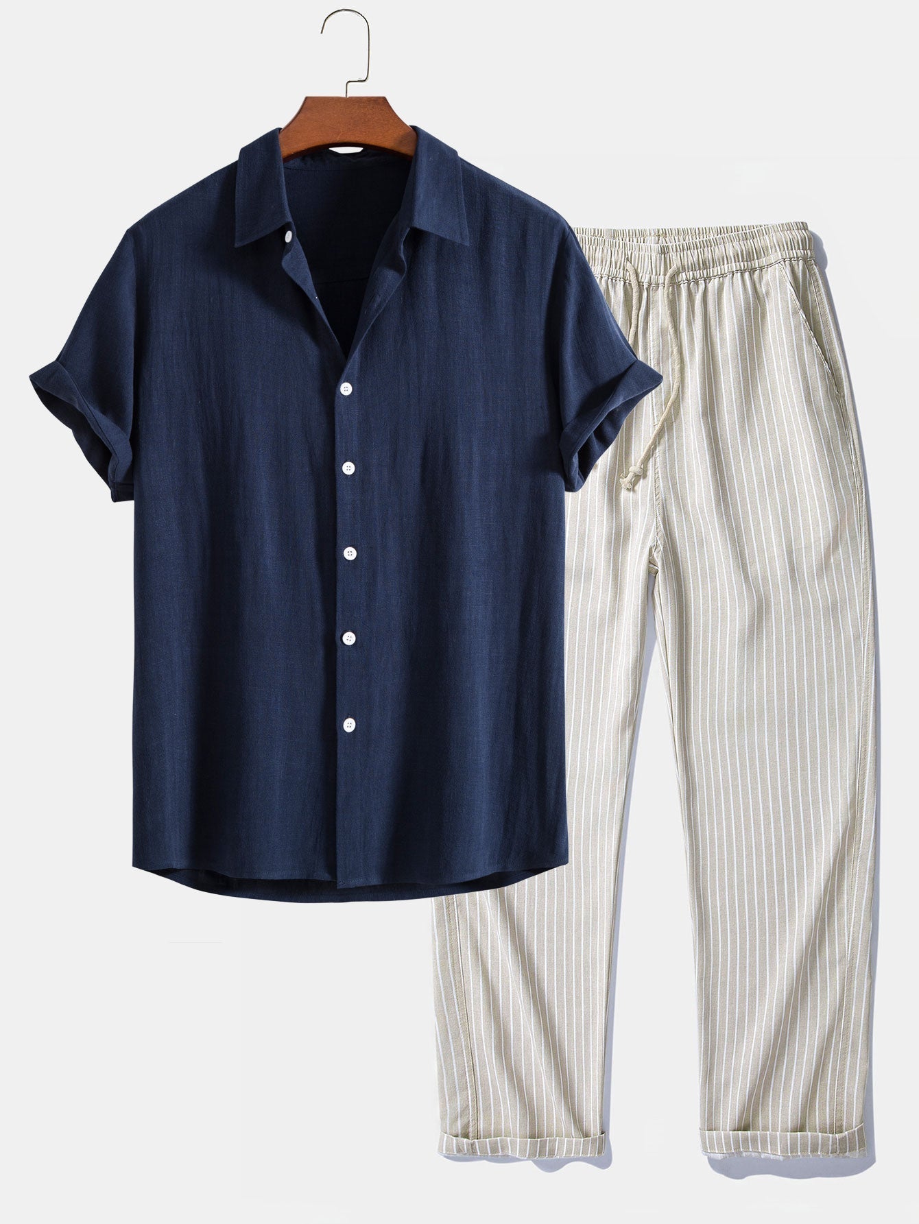 Linen-Rayon Blend Button-Up Shirt with Striped Straight-Leg Linen Pants