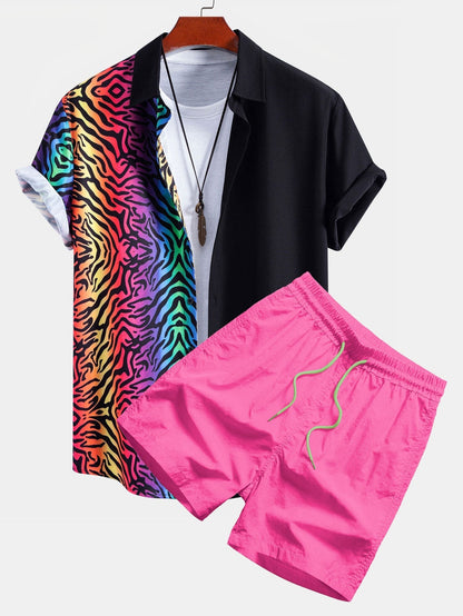Vibrant Tiger Patchwork Button-Up Shirt with Matching Swim Shorts