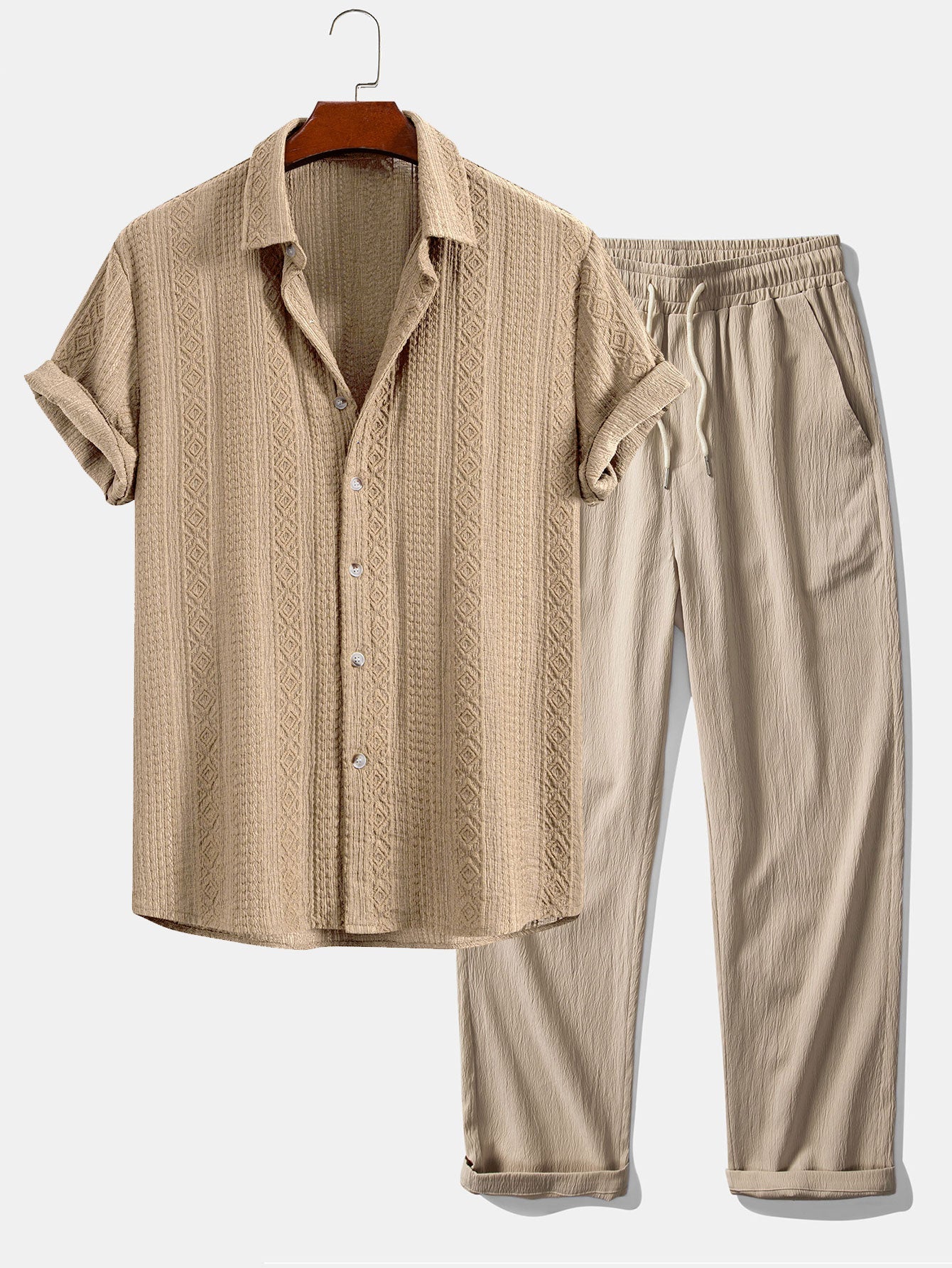 Geometric Jacquard Button-Up Shirt with Crinkle Textured Straight-Leg Pants