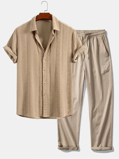 Geometric Jacquard Button-Up Shirt with Crinkle Textured Straight-Leg Pants