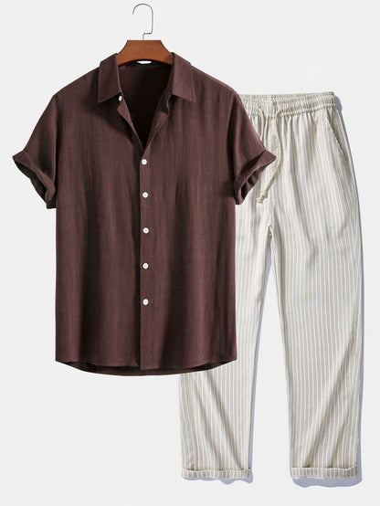 Linen-Rayon Blend Button-Up Shirt with Striped Straight-Leg Linen Pants