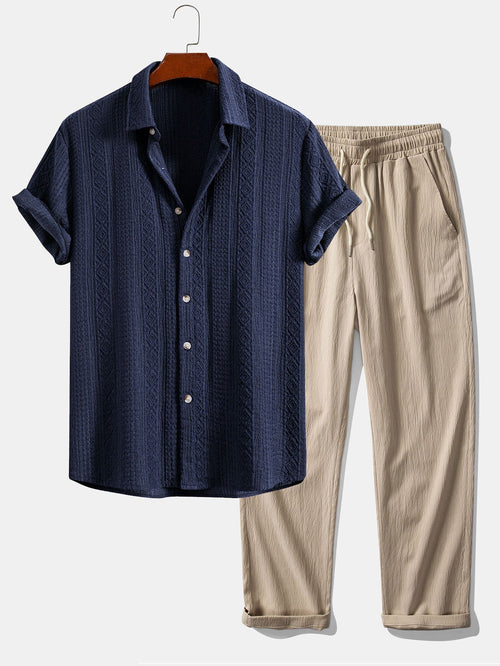 Geometric Jacquard Button-Up Shirt with Crinkle Textured Straight-Leg Pants