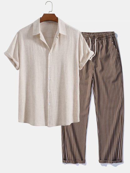 Linen-Rayon Blend Button-Up Shirt with Striped Straight-Leg Linen Pants