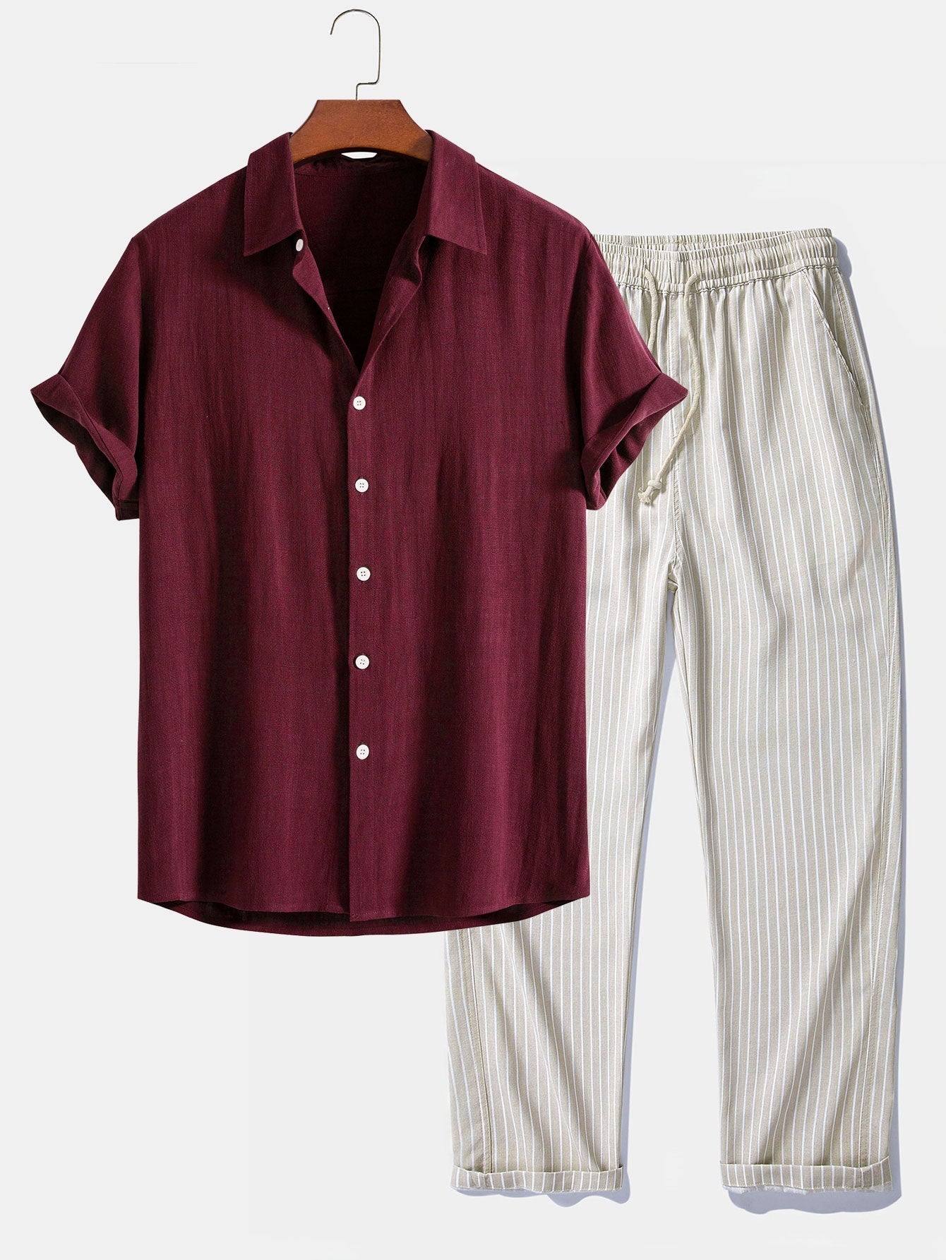Linen-Rayon Blend Button-Up Shirt with Striped Straight-Leg Linen Pants