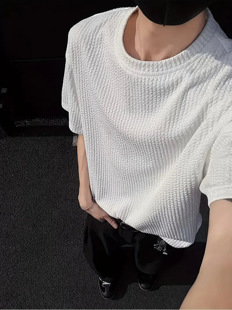 Men's White Jacquard Knit T-Shirt for Summer