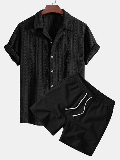 Geometric Jacquard Eyelet Cuban Shirt with Crinkle Textured 5" Drawstring Shorts