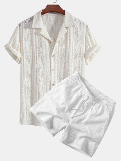 Geometric Jacquard Eyelet Cuban Shirt with Crinkle Textured 5" Drawstring Shorts
