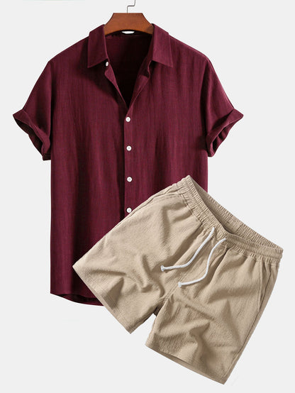 Linen-Rayon Blend Button-Up Shirt with Crinkle Textured 5" Drawstring Shorts