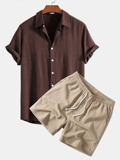 Linen-Rayon Blend Button-Up Shirt with Crinkle Textured 5" Drawstring Shorts
