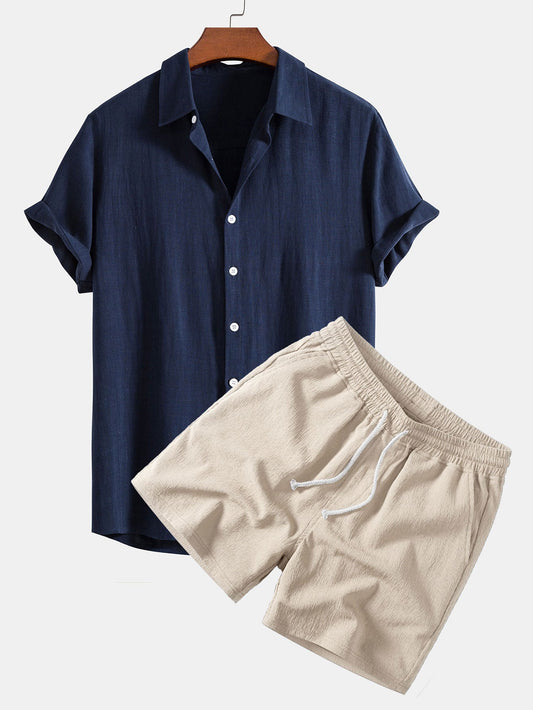 Linen-Rayon Blend Button-Up Shirt with Crinkle Textured 5" Drawstring Shorts