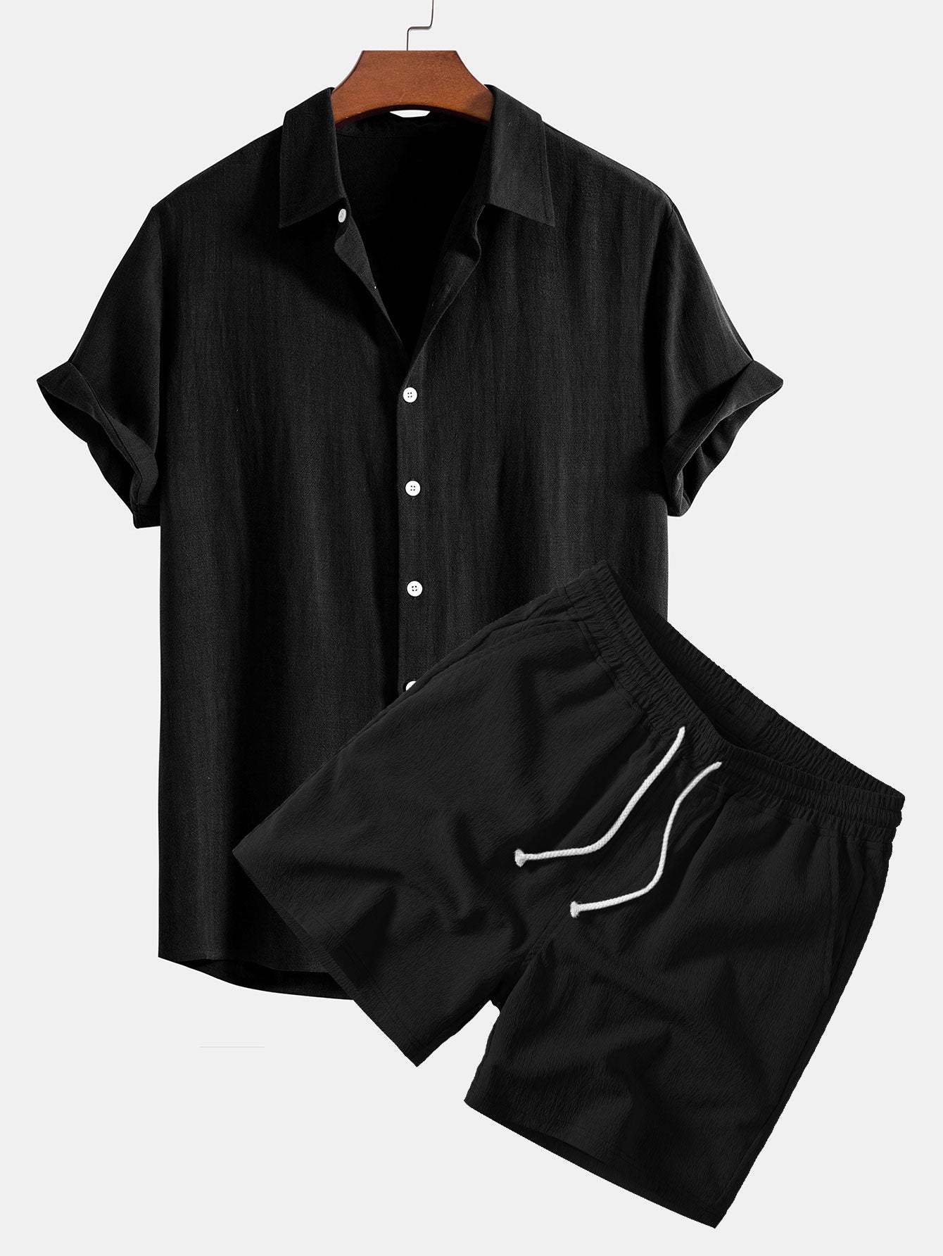 Linen-Rayon Blend Button-Up Shirt with Crinkle Textured 5" Drawstring Shorts
