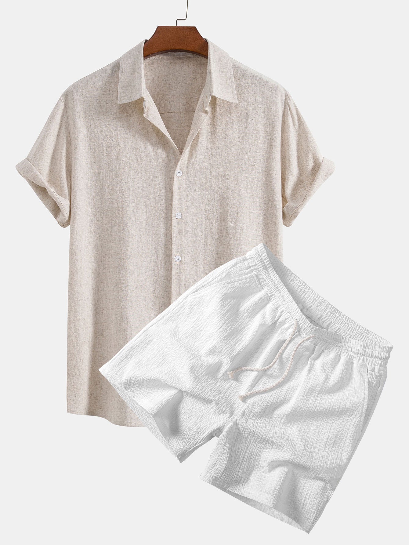 Linen-Rayon Blend Button-Up Shirt with Crinkle Textured 5" Drawstring Shorts