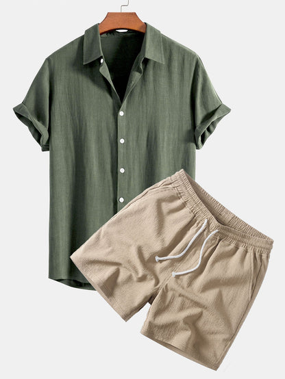 Linen-Rayon Blend Button-Up Shirt with Crinkle Textured 5" Drawstring Shorts