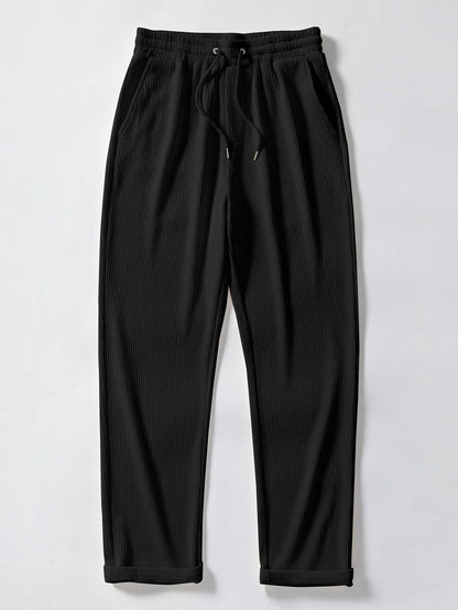Ribbed Knit Polo with Contrast Trim and Straight Leg Ribbed Trousers