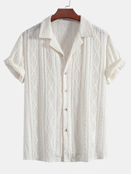 Geometric Jacquard Eyelet Cuban Shirt with Crinkle Textured 5" Drawstring Shorts