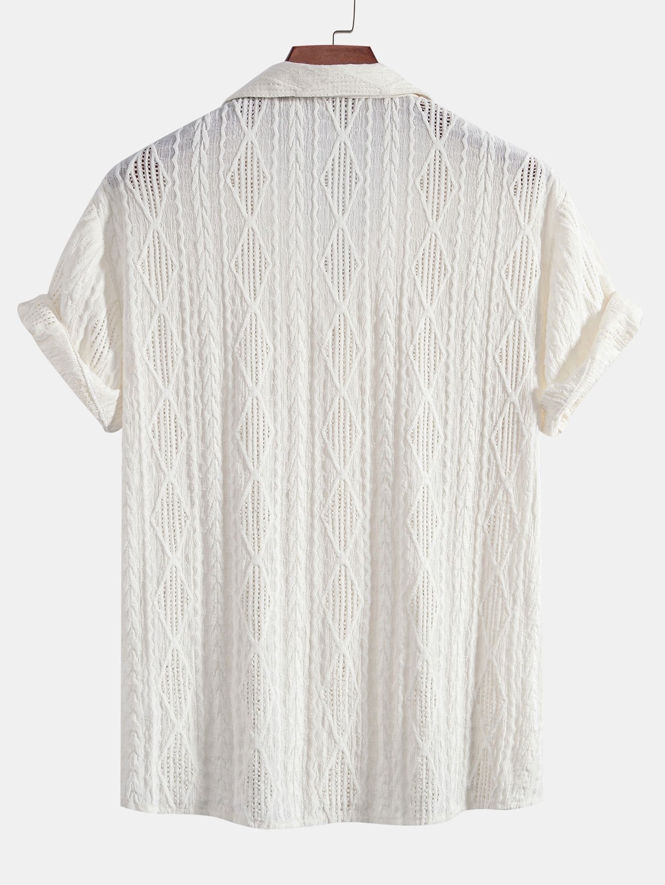 Geometric Jacquard Eyelet Cuban Shirt with Crinkle Textured 5" Drawstring Shorts