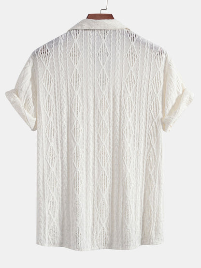 Geometric Jacquard Eyelet Cuban Shirt with Crinkle Textured 5" Drawstring Shorts