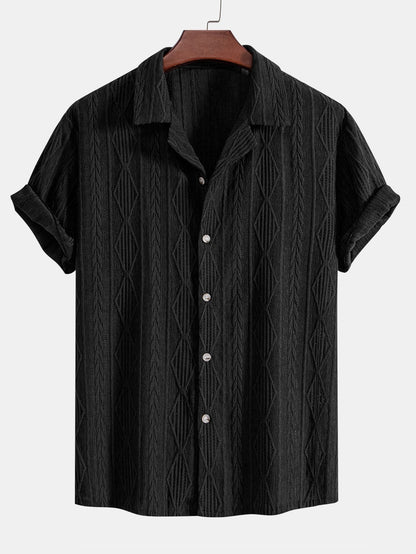 Geometric Jacquard Eyelet Cuban Shirt with Crinkle Textured 5" Drawstring Shorts