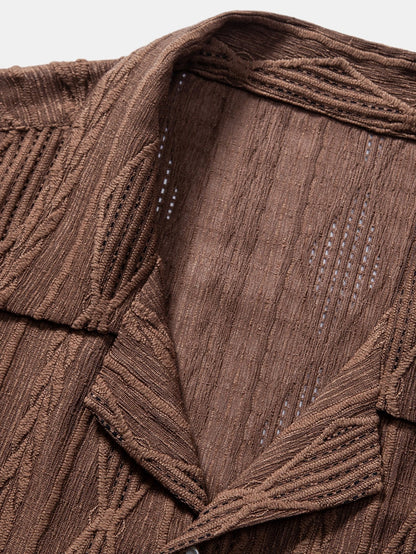Geometric Jacquard Eyelet Cuban Shirt with Crinkle Textured 5" Drawstring Shorts