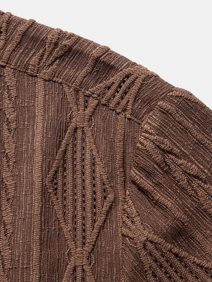 Geometric Jacquard Eyelet Cuban Shirt with Crinkle Textured 5" Drawstring Shorts